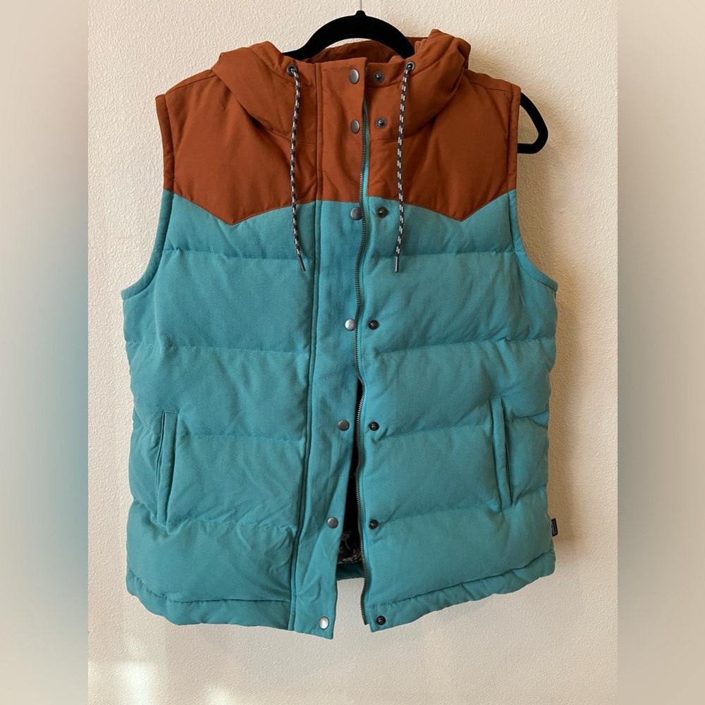 Patagonia Hooded Bivy Down Vest - XL - Mushroom/Mogul Blue